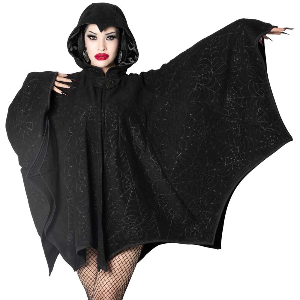 Kreepsville - Spiderweb Embossed Web Umhang/Mantel/Poncho - Schwarz